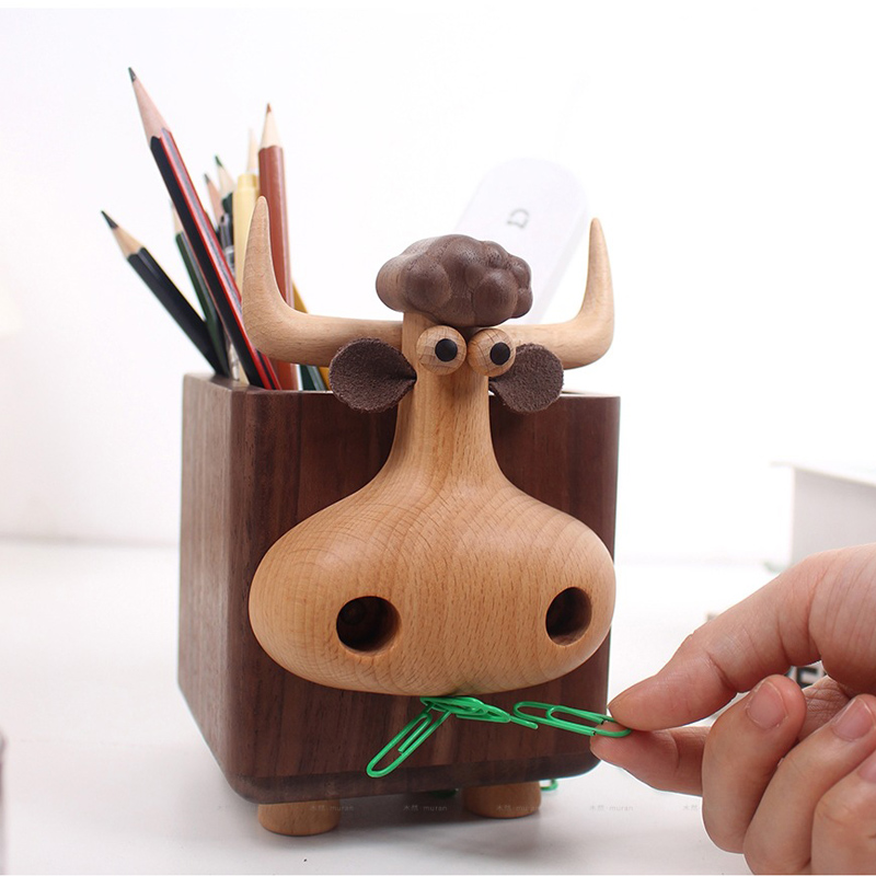 Pen Holder Magnetic - Tempat Pena Kayu Bentuk Banteng Lucu,